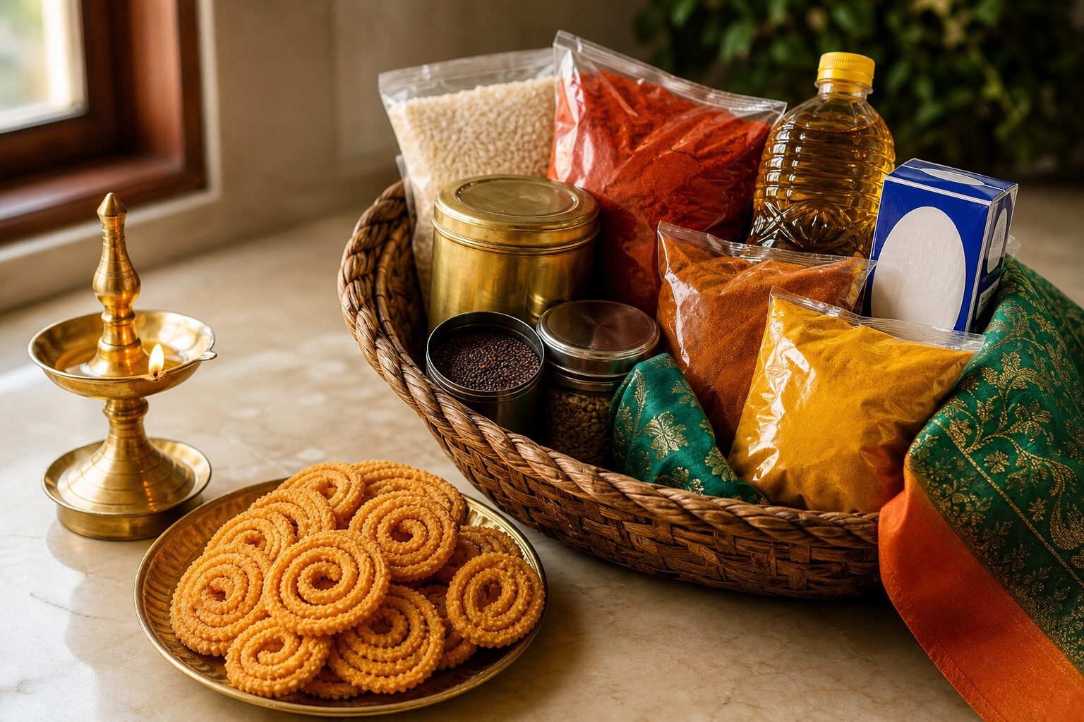 Woven basket of South Indian groceries with a brass diya and murukku